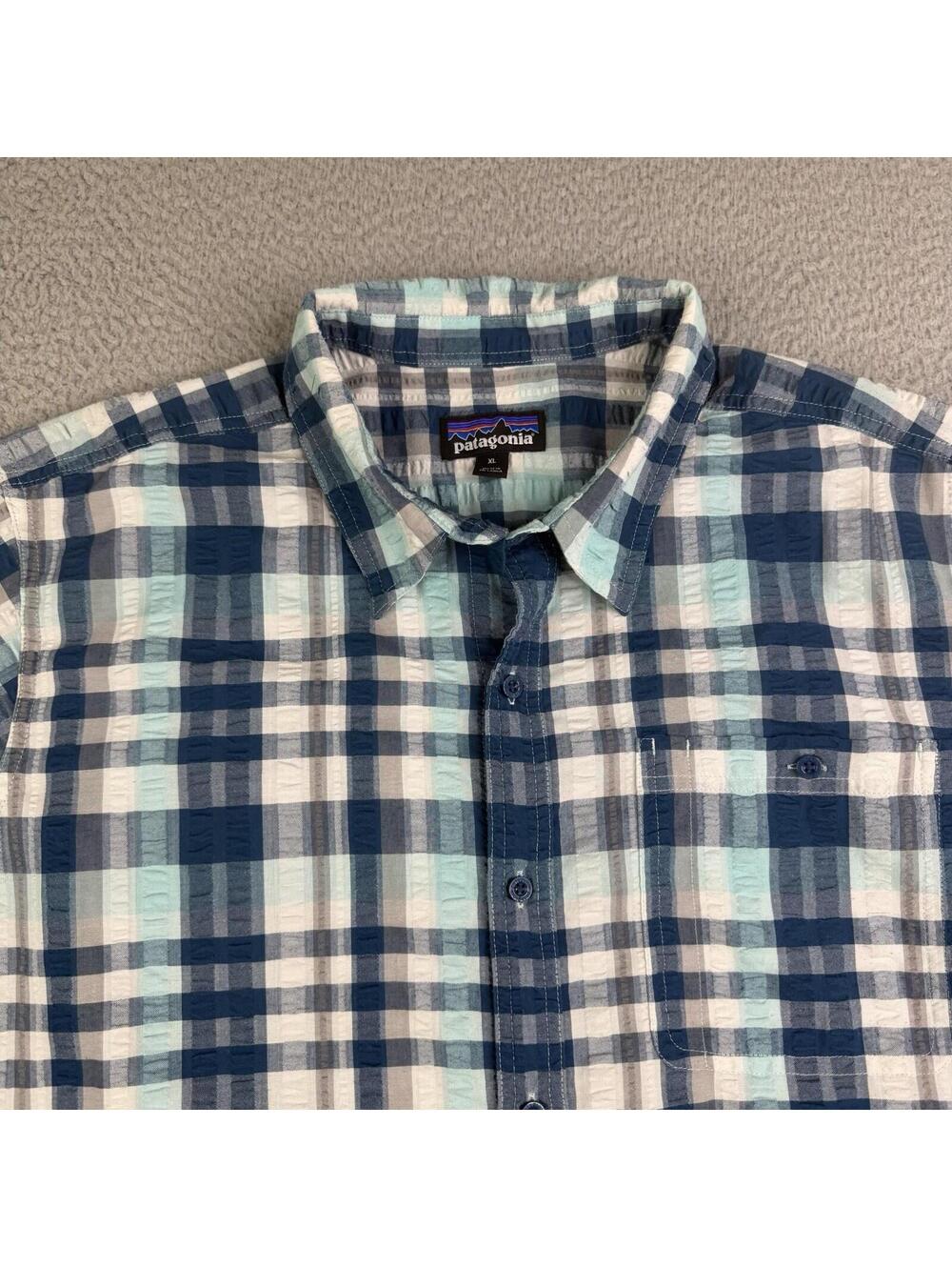Patagonia Blue Plaid Short Sleeve Seersucker Button Up Shirt XL Organic Cotton